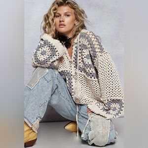 POL Hoodie Knit Square Patchwork Cardigan Sweater Button Artisan Boho